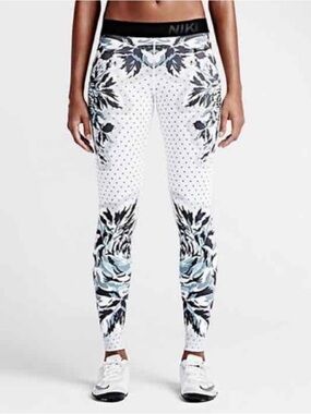 Nike White Leggings with Black and Light Blue Floral Print